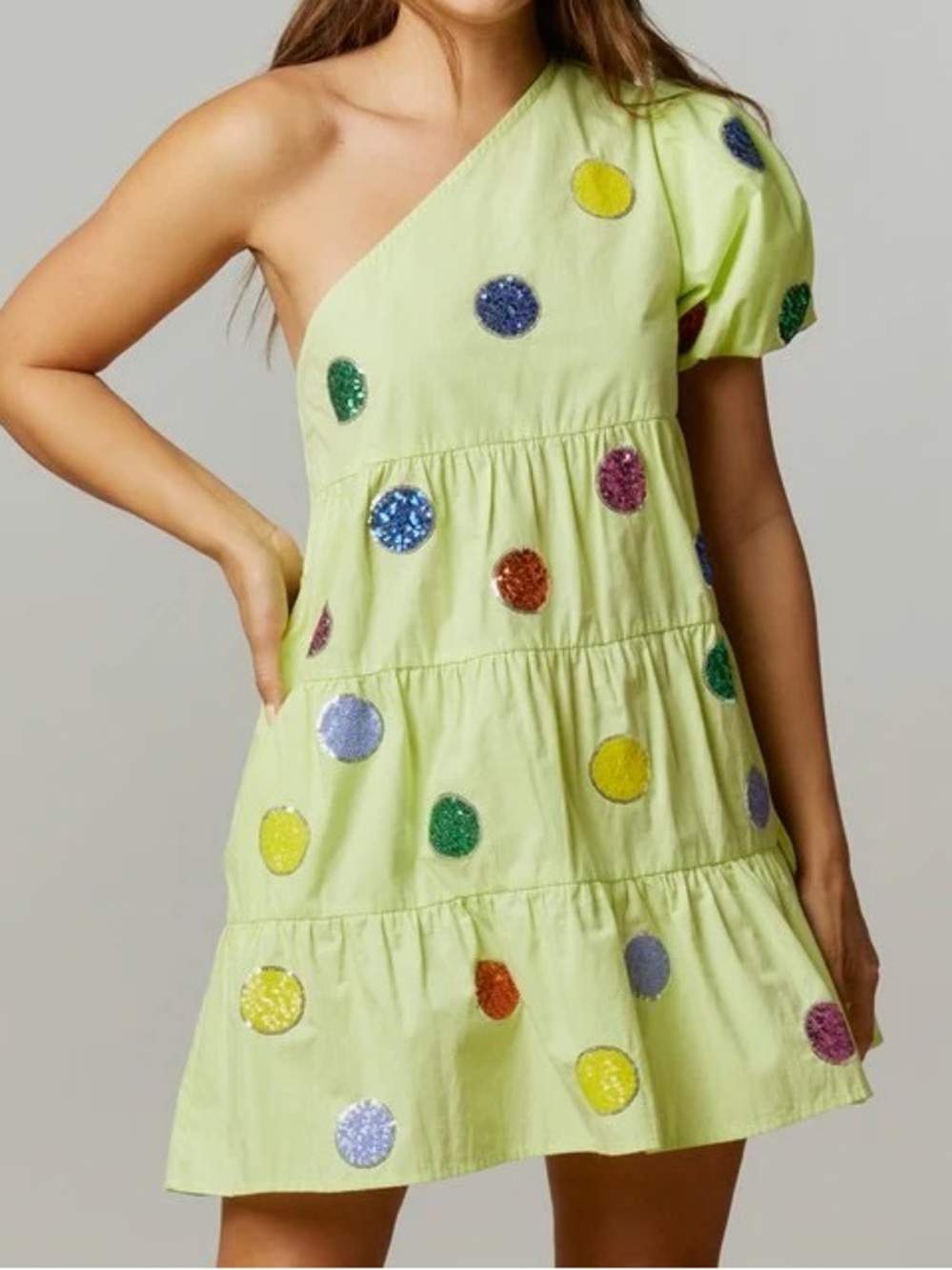 Fantastic Fawn Polk Dot Colorful One-Shoulder Dress with Rainbow Sequin Dots